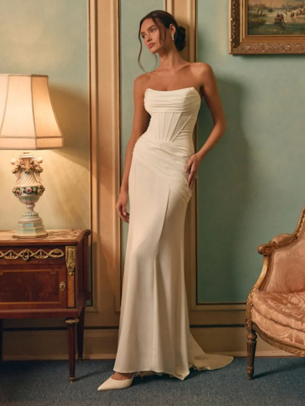 Lulus Claudette White Satin Strapless Bustier Maxi Dress - Size M - Picture 1 of 5